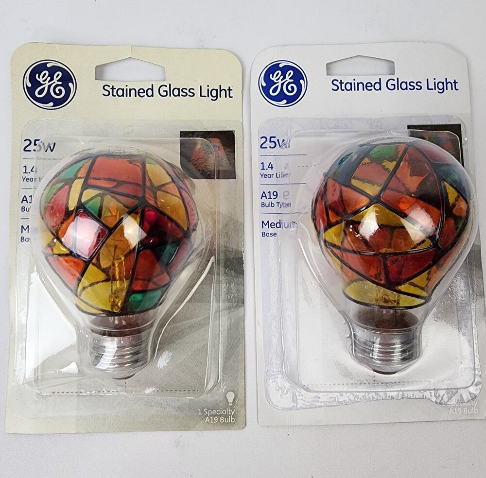 2 GE Stained Glass A19 Light Bulb 25-Watt Decorative Hand Painted Unique New